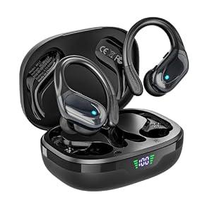 Bcaikair Wireless Earbuds, Sports Bluetooth Headphones, Ear Buds with 80hr Playtime, Noise Canceling, LED Power Display, IPX7 Waterproof Earphones for Workout/Running Black