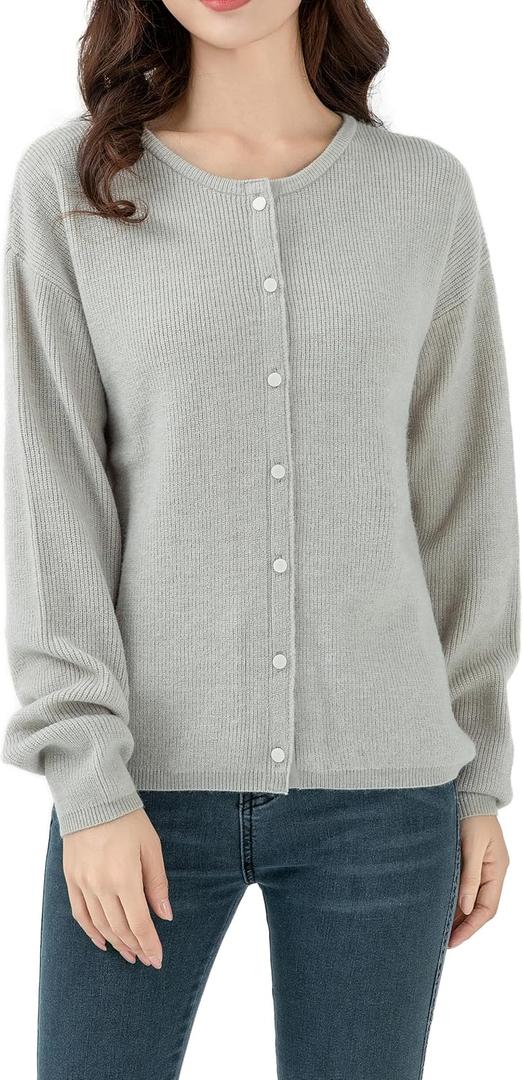 Simple&Opulence Womens Cardigan Button Down Crew Neck Sweater Open Front Long Sleeve Lightweight Knitted Sweaters (Small)