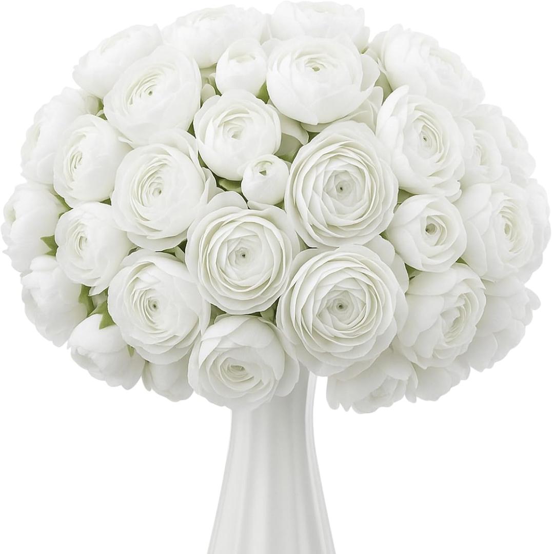 Giegxin 48 Pcs Ranunculus Artificial Flower,Real to Lifelike Peonies Artificial Flower Silk Faux DIY Bouquet for Wedding Bridal Shower Valentine Centerpieces Arrangements Home Decorations(White)