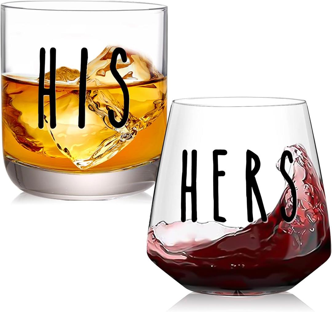 His and Hers Drinking Glasses Set Of 2, Wedding Gifts for Couples, Bridal Shower Gifts, Mr and Mrs Gift, Anniversary, Engagement Couple Drinking Glass for Him Her