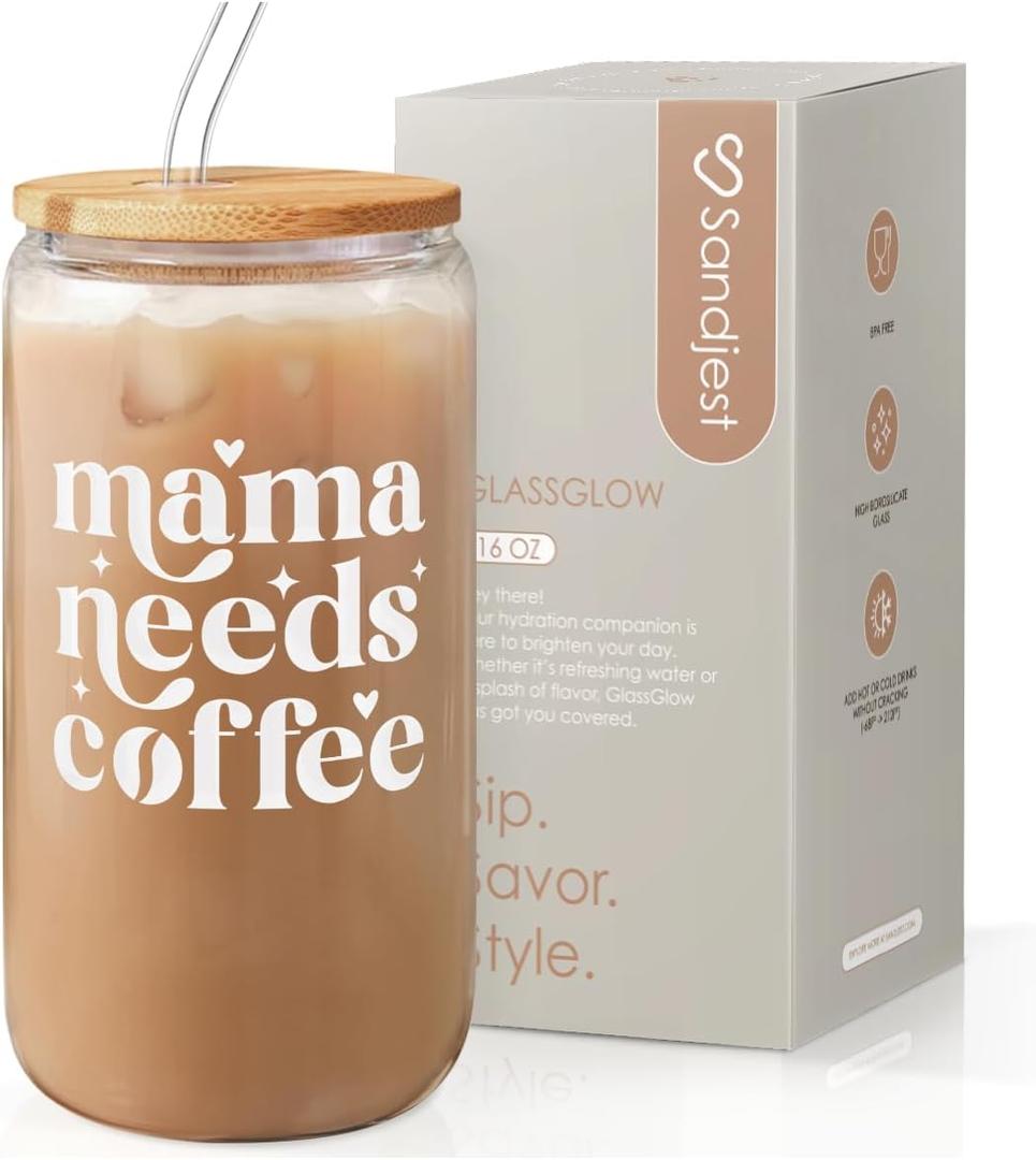 Mom Glass Can, Mama Needs Coffee Cup with Lid & Straw, Iced Coffee Aesthetic Cups, Idea Gifts for Christmas Birthday Mother Day, Gifts for Women, 16oz