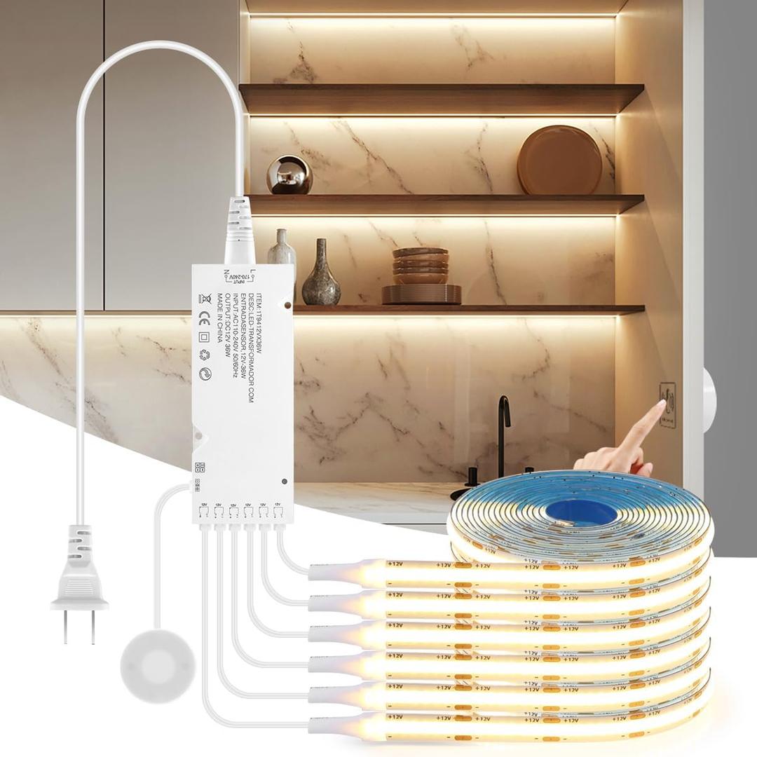 AIMENGTE 12V COB LED Cabinet Lights Strip, 6 x 3.3ft Touch Dimmable 3000K Lighting for Parallel Wood Slat Wall Panels, Display Cabinets, Wardrobes, Showcases, Shelves