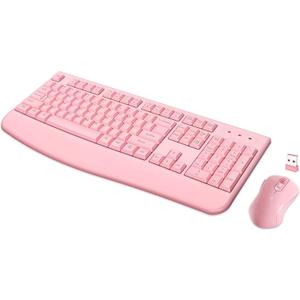 Wireless Keyboard and Mouse Combo, Full-Sized 2.4GHz Wireless Keyboard with Comfortable Palm Rest and Optical Mouse for Windows, Mac OS PC/Desktops/Computer/Laptops (Full Pink)