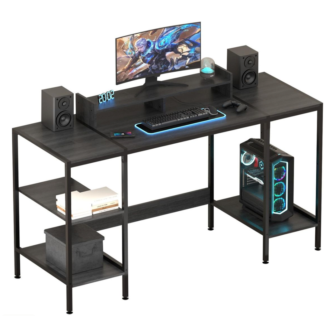 MINOSYS Computer Desk - 55 Inch Home Office Desk with Storage, Gaming Desk with Monitor Stand, Modern Simple Study Table, Adjustable Storage Space, Black