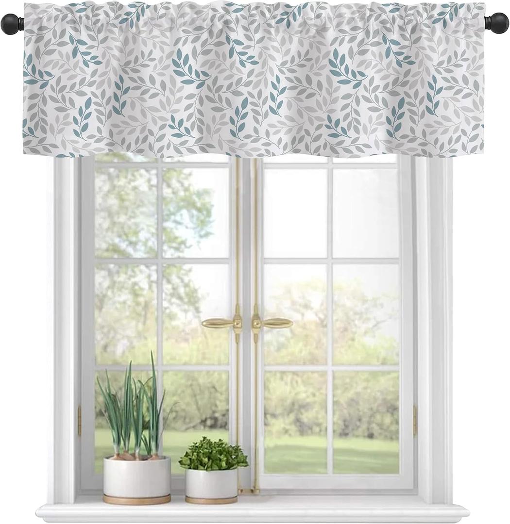 Curtain Valances, Gray Blue Branches Leaves Semi Sheer Kitchen Windows Valances, Rod Pocket Short Window Treatment Light Filtering Decor Valances for Kitchen Living Room Bedroom Windows - 54"x18"