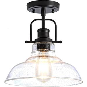 Flush Mount Ceiling Light Fixture < Bulb NOT Included >, Black Metal Frame Ceiling Light Fixture with Seeded Glass, Farmhouse Light Fixture for Kitchen Island Entryway Porch Foyer