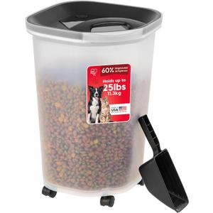 IRIS USA Pet Food Storage Container 25 lbs, Premium 60% Improved Airtight Seal with Air Valve, 2 Cup Scoop, Removable Wheels, Easy to Open - Made in the USA, Black