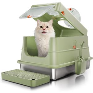 Stainless Steel Cat Litter Box with Lid, Extra Large Enclosed Metal Litter Pan with High Sides, Full Flip Cover Litter Box for Large Cat, Include Scoop & Step, Leak Proof Easy Clean Odor Control,Green
