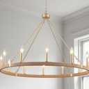 38” Gold Rattan Wagon Wheel Chandelier for Dining Room 12 Light Hand Woven | Boho Coastal Chandeliers Pendant Light Fixture for High Ceiling Kitchen Island Living Room Foyer Entryway Outdoor, 38" x 25.6"