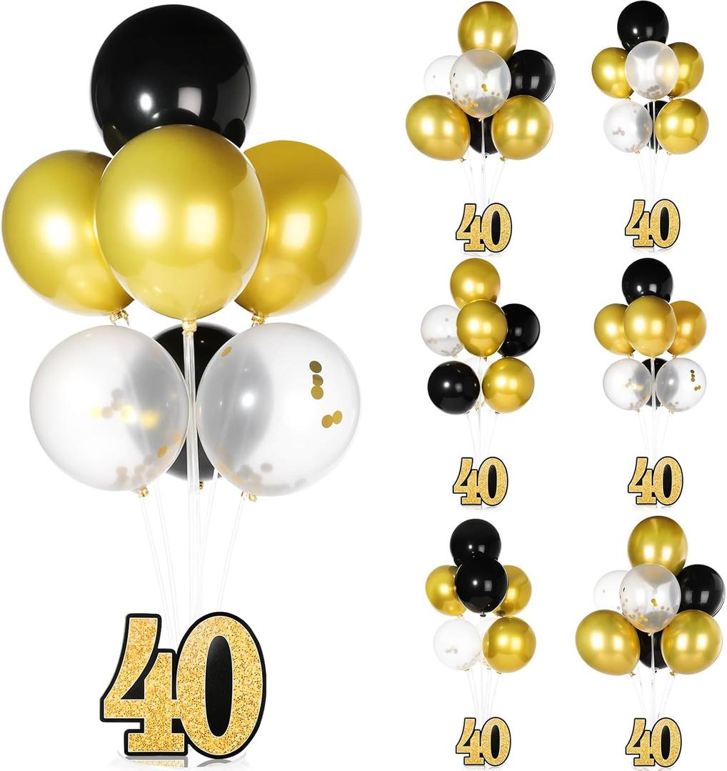 Leyndo 6 Set 40th Birthday Party Decorations Balloon Centerpieces for Table, Black Gold Confetti Balloon Stand Kit for Men Women, 40 Years Birthday Anniversary Table Decorations Suppiles