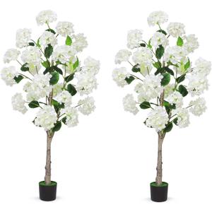 Set of 2 Artificial White Hydrangea Flower Trees 4FT, Fake Silk Floral Plants Indoor Outdoor, Lifelike Decorative Faux Hydrangea Flower Tree in Pot for Home Garden Office Front Decor