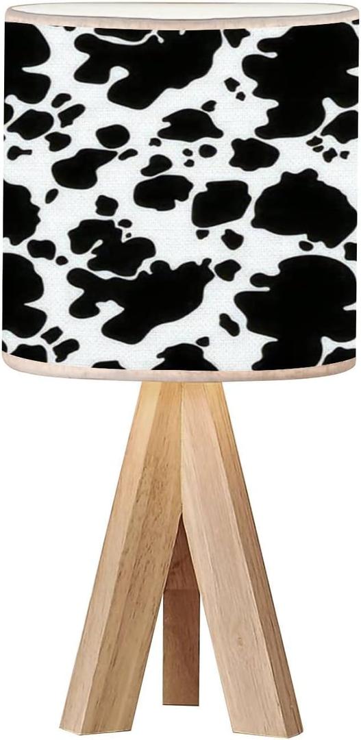 Tripod Bedside Desk Table Lamp Cow Print Skin Abstract Seamless for Printing Cutting Crafts Abstract Wood Nightstand Lamp with Linen Fabric Shade for Nursery Bedroom Living Room Kids Room (Black)