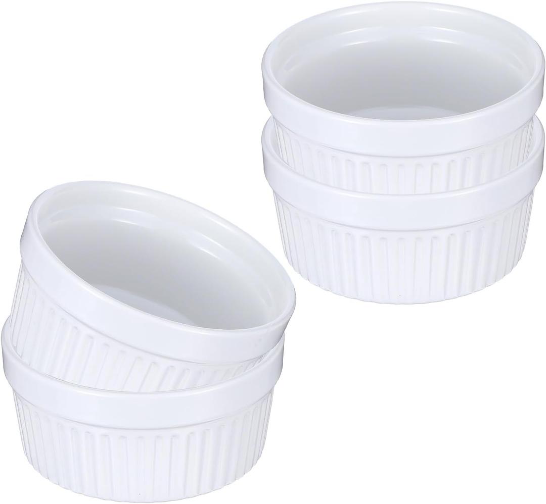 4 Pack Ramekins 12 Oz Oven Safe, Creme Brulee Set, Porcelain Souffle Dish for Baking, Soup Bowls for French Onion Soup White