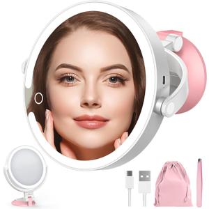 LitBear 10X/1X Magnifying Mirror Suction Cup with Light, 2025 Upgraded Wall Mounted Travel Makeup Mirror with Tweezers, 3 Color Dimmable Rechargeable Lighted Magnifying Mirror with 360 Rotation