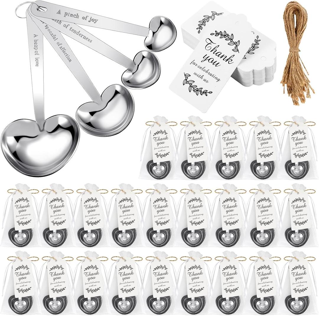 Umigy 50 Set Heart Shaped Measuring Spoon Tea Spoons Wedding Baby Shower Favors for Guests Set Heart Shape Drawstring Organza Bag Gift Tag Rope for Wedding Bridal Shower Souvenir (Silver)