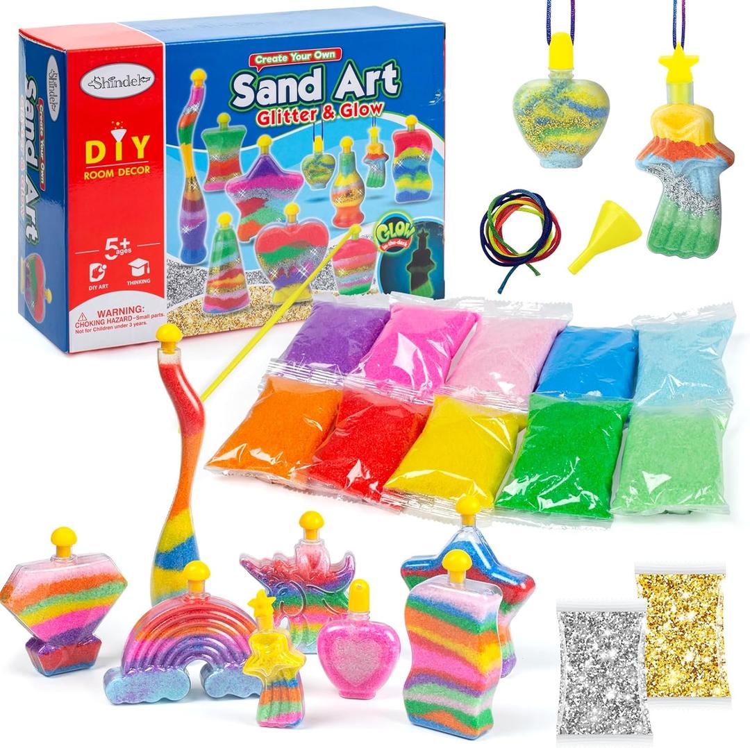 Shindel Sand Art Kits for Kids, 36 PCS Sand Painting for Crafts 8 Shapes of Bottles 10 Assorted Colored and 2 Glitter Sand Bags for Kids DIY Project
