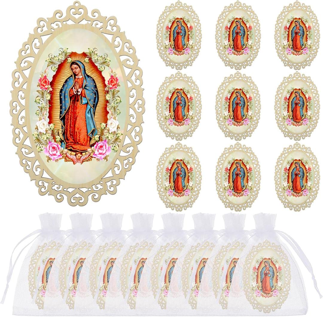 Quelay 12 Pcs Our Lady of Guadalupe Wooden Picture Frames with Organza Gift Bags Oval Style Baptism Favors for Guests Christening Memorial Engrave Guest Gift Catholic Gifts