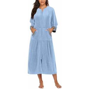 Ekouaer Robe for Women Velour Zipper Robe 3/4 Sleeves Housecoat Full Length Loungewear Long Bathrobe with Pockets. Size 3XL.