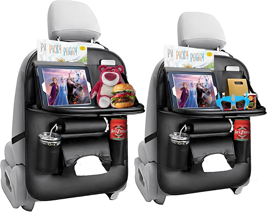 EAQ PU Leather Car Backseat Organizer 2 Pack, Kick Mats and Back Seat Protectors with Touch Screen Tablet Holder, Ideal Backseat Car Organizer for Kids, Black