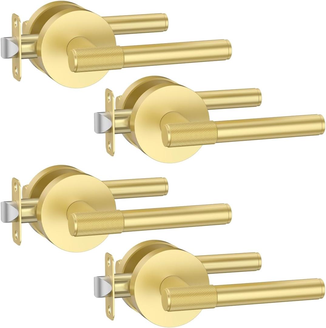 Asidrama 4 Pack Passage Gold Door Handles, Door Lever with Door Knobs Indoor for Bedroom or Bathroom, Heavy Duty Brushed Gold Door Handles Interior with Locks for Left Right Sided Doors