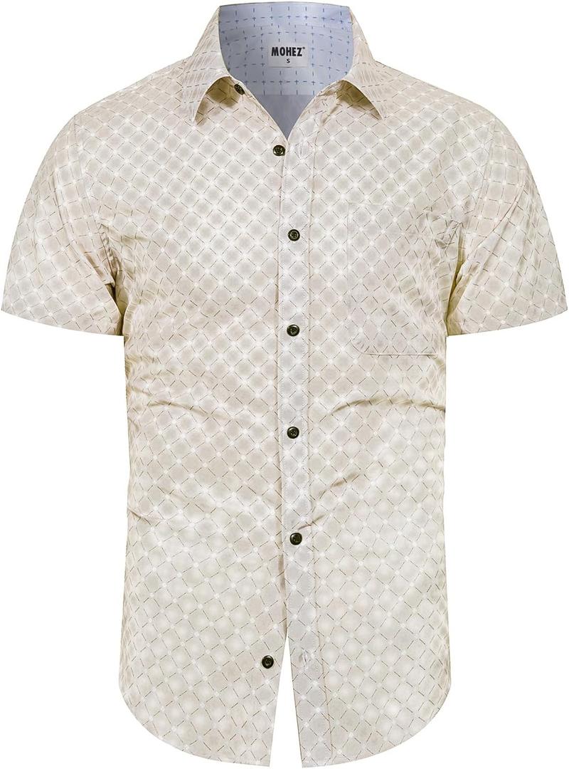 Men’s Short Sleeve Button Down Shirts Wrinkle Free Casual Vacation Tops Geometric Print Summer Beach Shirt with Pocket (Beige, M)