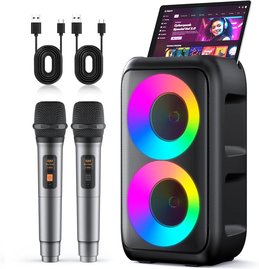Karaoke Machine, Portable Bluetooth Speaker with 2 Wireless Karaoke Microphones, Karaoke Machine for Adults Kids with PA System,Stage Monitors Support TWS/TF/USB/AUX for Home Party Stage (Black)