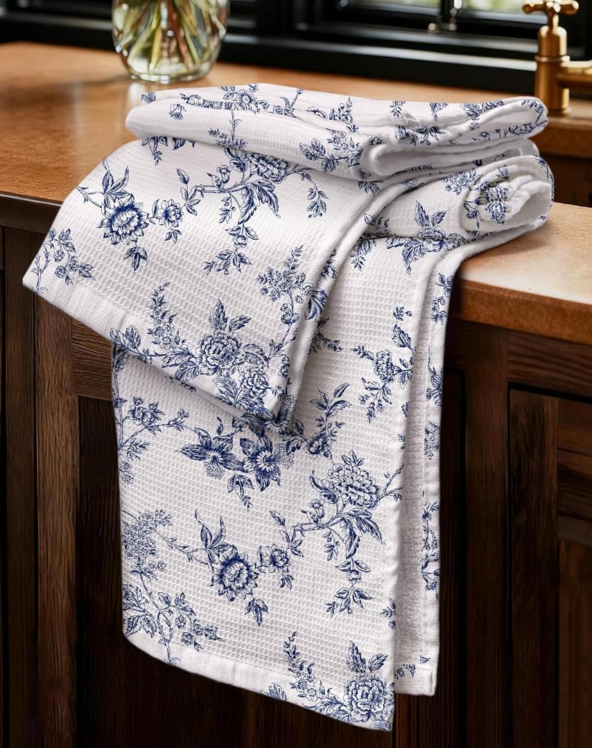 Waffle Cotton Kitchen Towels Set of 2, 16x26 Inch Waffle Weave Dish Cloths with Hanging Loop Absorbent Reusable Hand Tea Towels Cute Design Home Decorative Housewarming, White Blue Flower