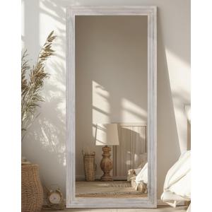 Full Length Mirror, 71"32" Wooden Mirror Full Length with Stand Wood Floor Mirror, Oversized Stand Up Mirrors Large Wall Mirrors, Wall Mounted Mirrors, Rect Vintage Style, White