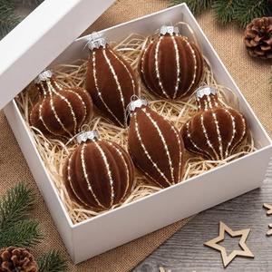 Jenaai 6 Pcs Velvet Glitter Christmas Tree Ornaments Set 3.15 Inch 3 Style Flocked Christmas Balls Ornaments Xmas Balls Decoration for Xmas Tree Decorative Party Wedding(Dark Brown)