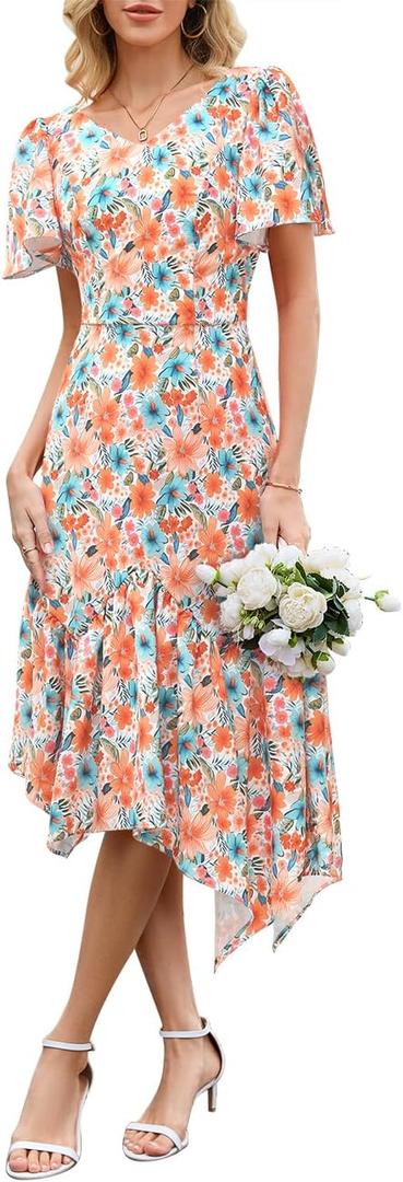 Dressystar Floral Summer Dress V Neck Midi Women Sun Dresses Short Sleeve Ruffle Casual Boho Vacation (Medium, Orange Blue Flower)