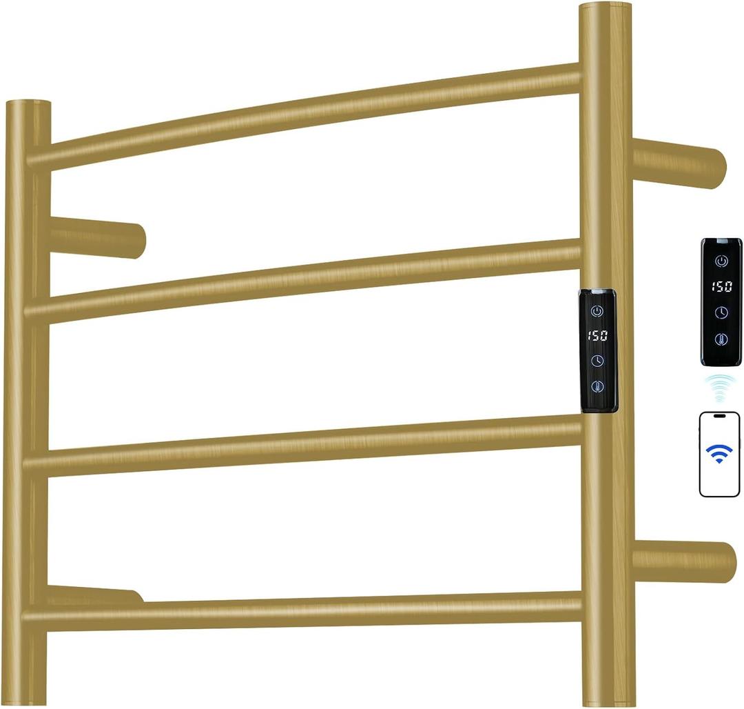SHARNDY Electric Towel Rack with Voice Control for Alexa & Google Home, TUYA - Wall-Mounted Bathroom Heating Towel Warmer, Plug-in, Stainless Steel Material, 16.54x23.62x5.51 in, Gold，4 Bars