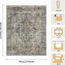 8x10 Machine Washable Area Rug for Living Room, Grey Rusty Boho Vintage Floral Rug Large Non-Slip Low Pile Soft Faux Wool Carpet, Kids and Pets Friendly for Bedroom Dining Room Farmhouse Decor Rug
