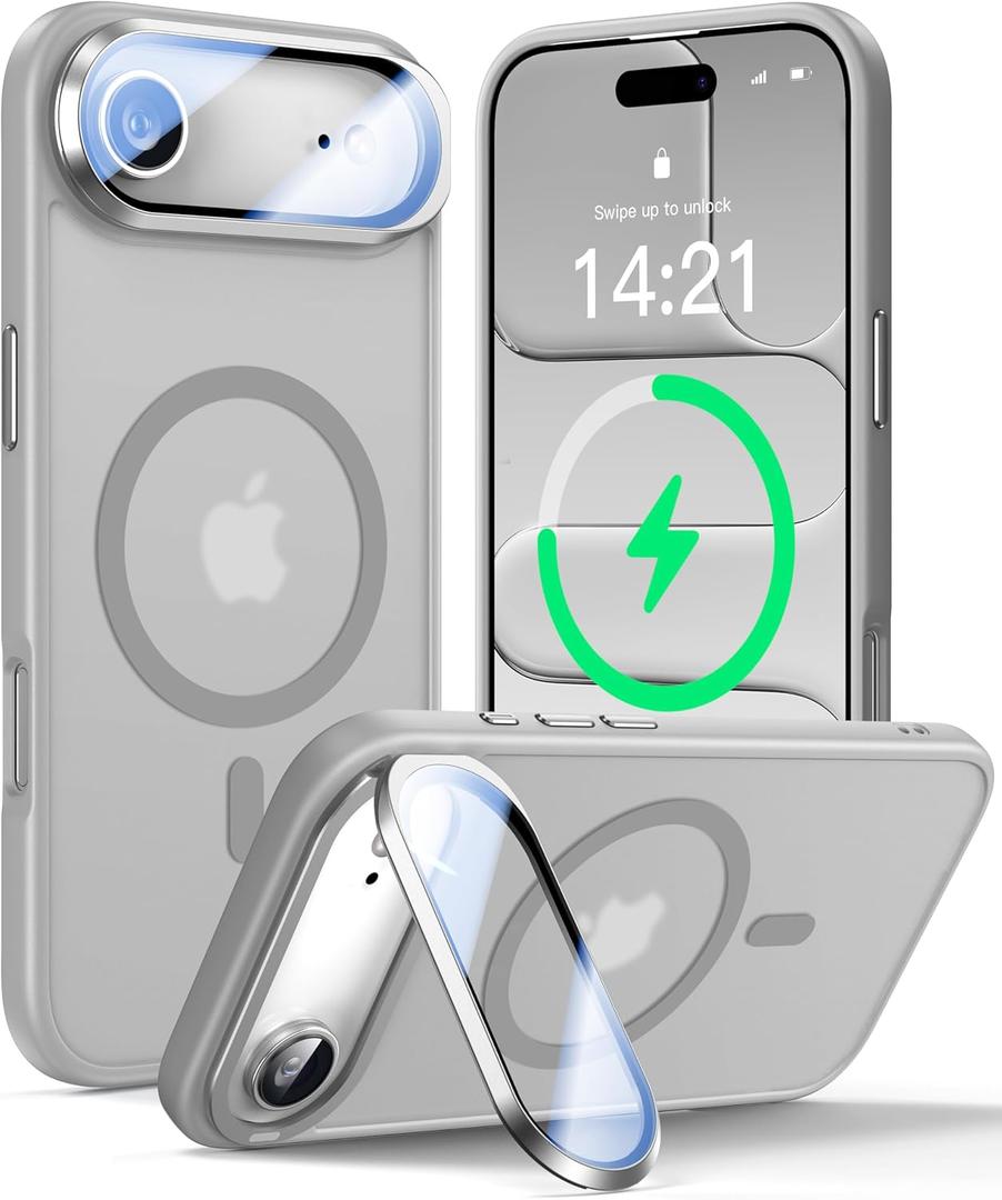 [Upgraded Full Camera Protection] for iPhone Air Case with Camera Cover Stand [Fit for MagSafe][10FT Mil-Grade Protection] Translucent Magnetic Phone Cover for iPhone 17 Air Case, Grey
