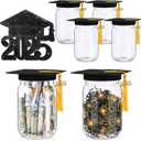 4 Set 2025 Graduation Mason Jars Class of 2025 Grad Cap Topper Centerpieces Money Jars 16 oz with Graduation Caps and Black Gold Raffia Decorations for Congrats Graduate Party Gifts