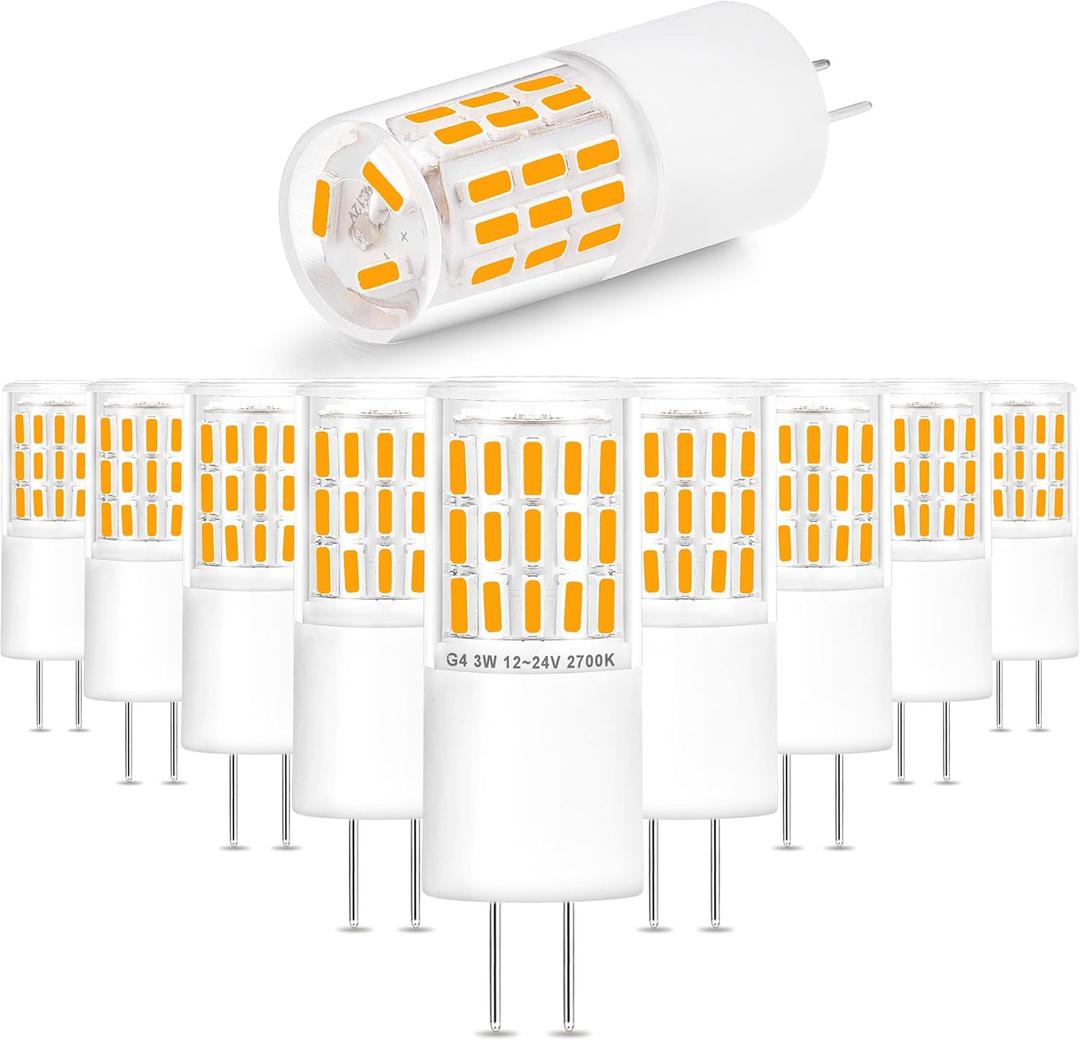 G4 3W LED Landscape Light Bulbs 12V-24V Warm White 2700K, 20W-30W T3 Halogen Replacement, Low Voltage G4 T3 JC Bi-pin Bulb for RV Boat Yacht Courtyard Path, No Flicker, 330 LM (10Pack)