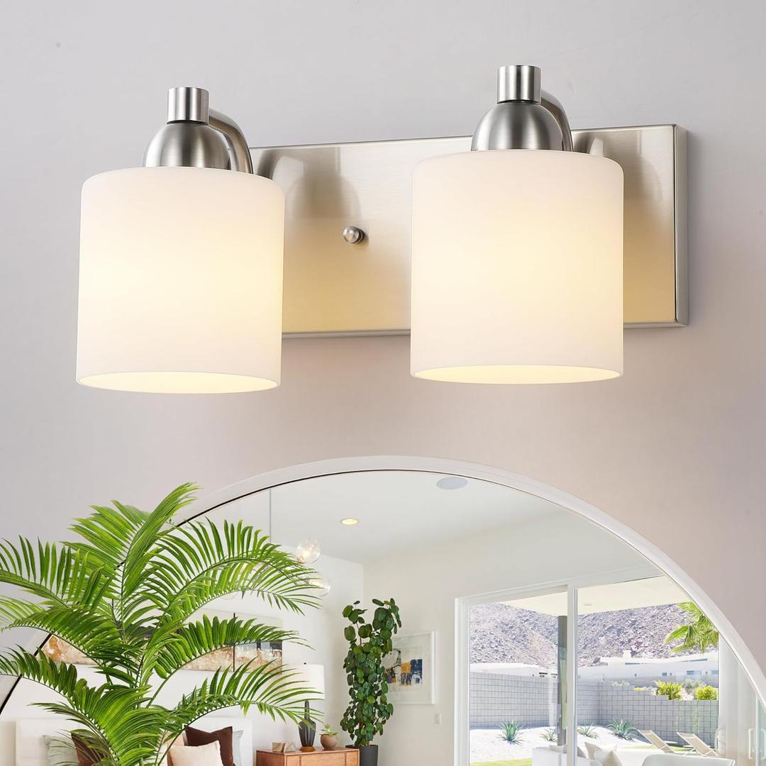 Mecgirn Stainless Steel Milk Glass Vanity Lights for Bathroom, 2 Light Brushed Nickel Bathroom Light Fixtures Over Mirror, Ceramic E26 Sockets Wall Mounted