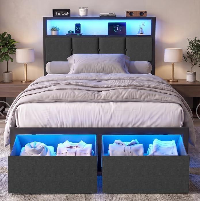 Twin Bed Frame with Storage Drawers, Charging Station and LED Lights, Upholstered Headboard with 2-Tier Shelves, Heavy Duty Metal Slats, No Box Spring Needed, Noise Free, Easy Assembly