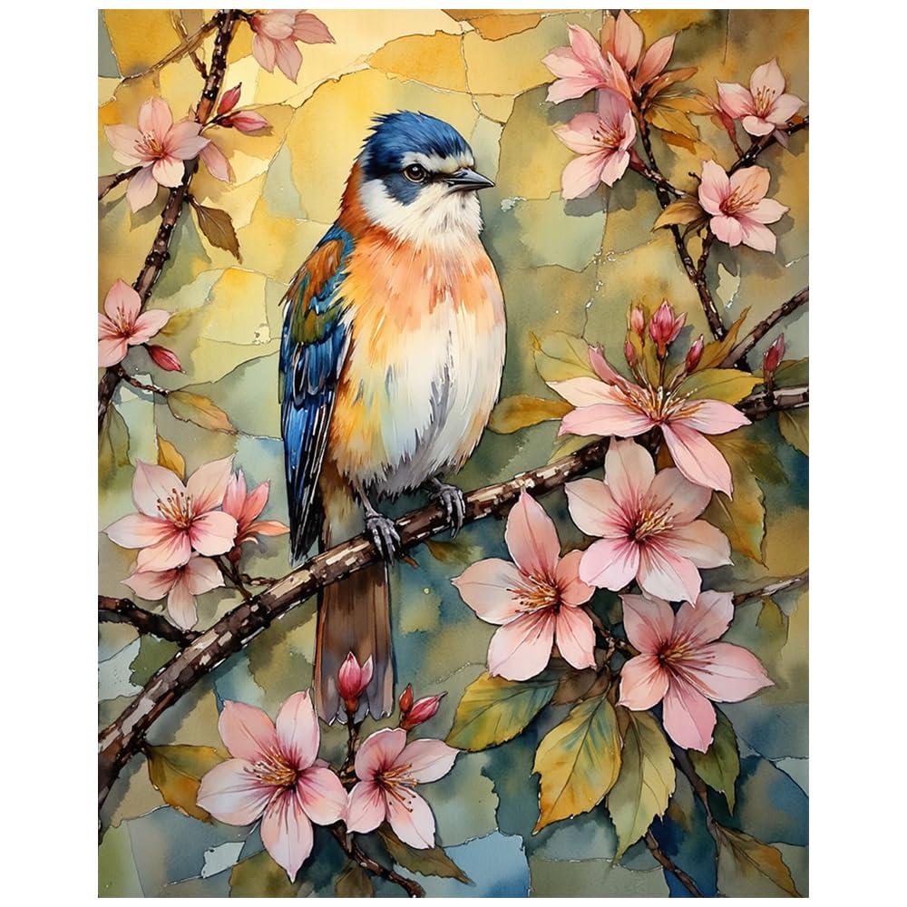 EnLvYY Paint by Numbers Kit for Adults 16x20in, DIY Acrylic Painting on Canvas, Bird and Cherry Blossom with Colorful Flowers, Unframed Beginner Wall Art, Gift for Friends and Family