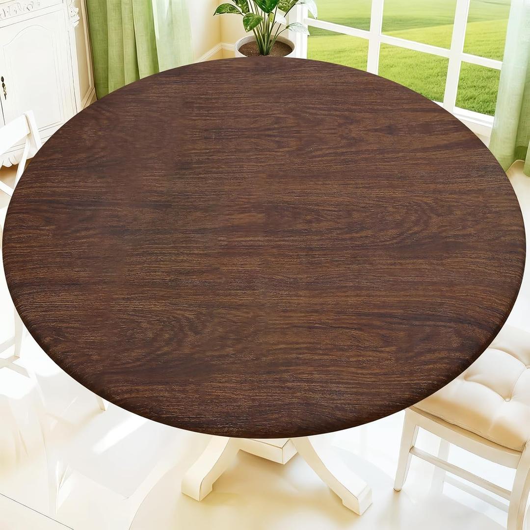 Moosfor Spandex Elastic Fitted Round Tablecloth for 57"-68" Tables, Stretch Washable Reusable Table Cover for Outdoor Picnic, Camping, Dining, Kitchen, Patio and Party, Oak Wooden Grain