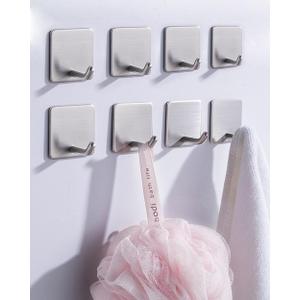 8 Pack Adhesive Wall Hooks, Self-Adhesive Hooks for Bathroom, Door Back Stick-On Towel Hooks, Hanging Coat Hat Key Washcloths Aprons Oven Mitts for Kitchen Shower Garage Home, Silver