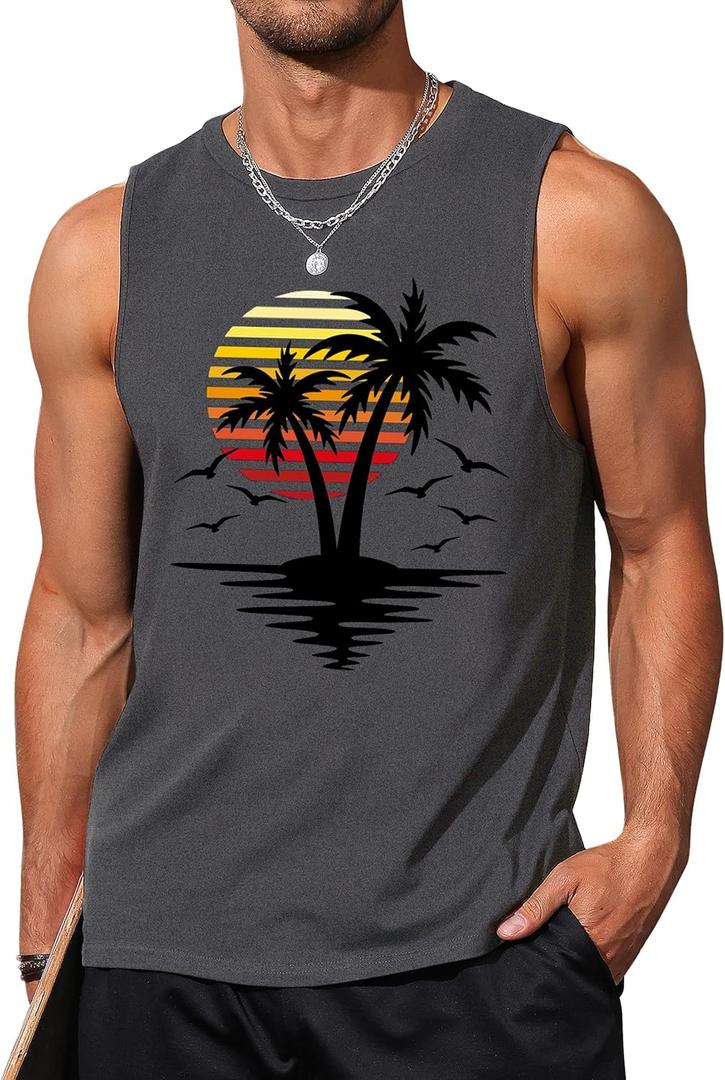 Mens Graphic Tank Tops Sleeveless Muscle Shirts Beach Hawaiian Coconut Tree Patriotic Tank Tops (Small)