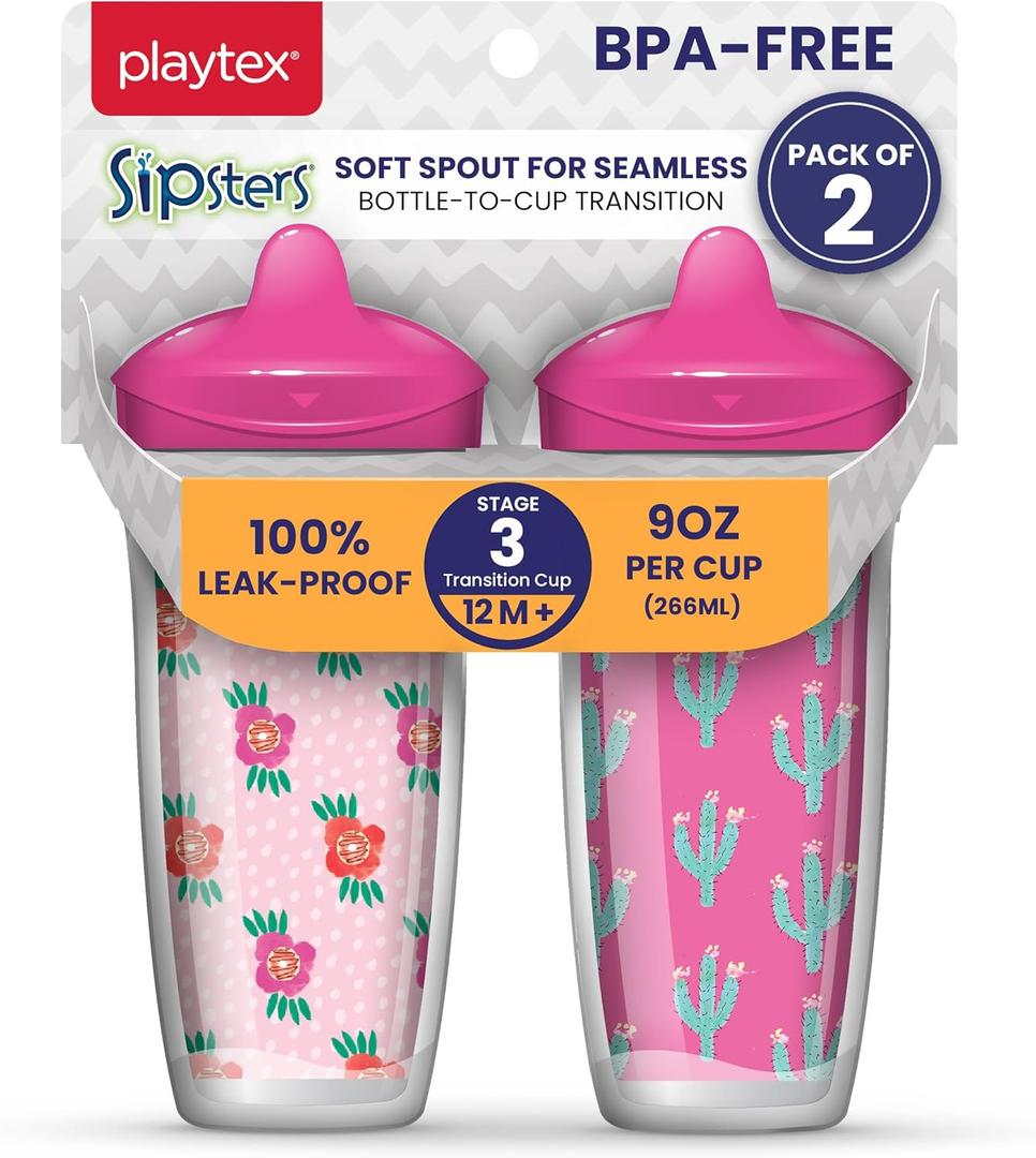 Playtex Baby Sipsters Stage 3 Spill-Proof, Leak-Proof, Break-Proof Spout Cup for Girls - Pink, Limited Edition, 9 Oz, 2 Count