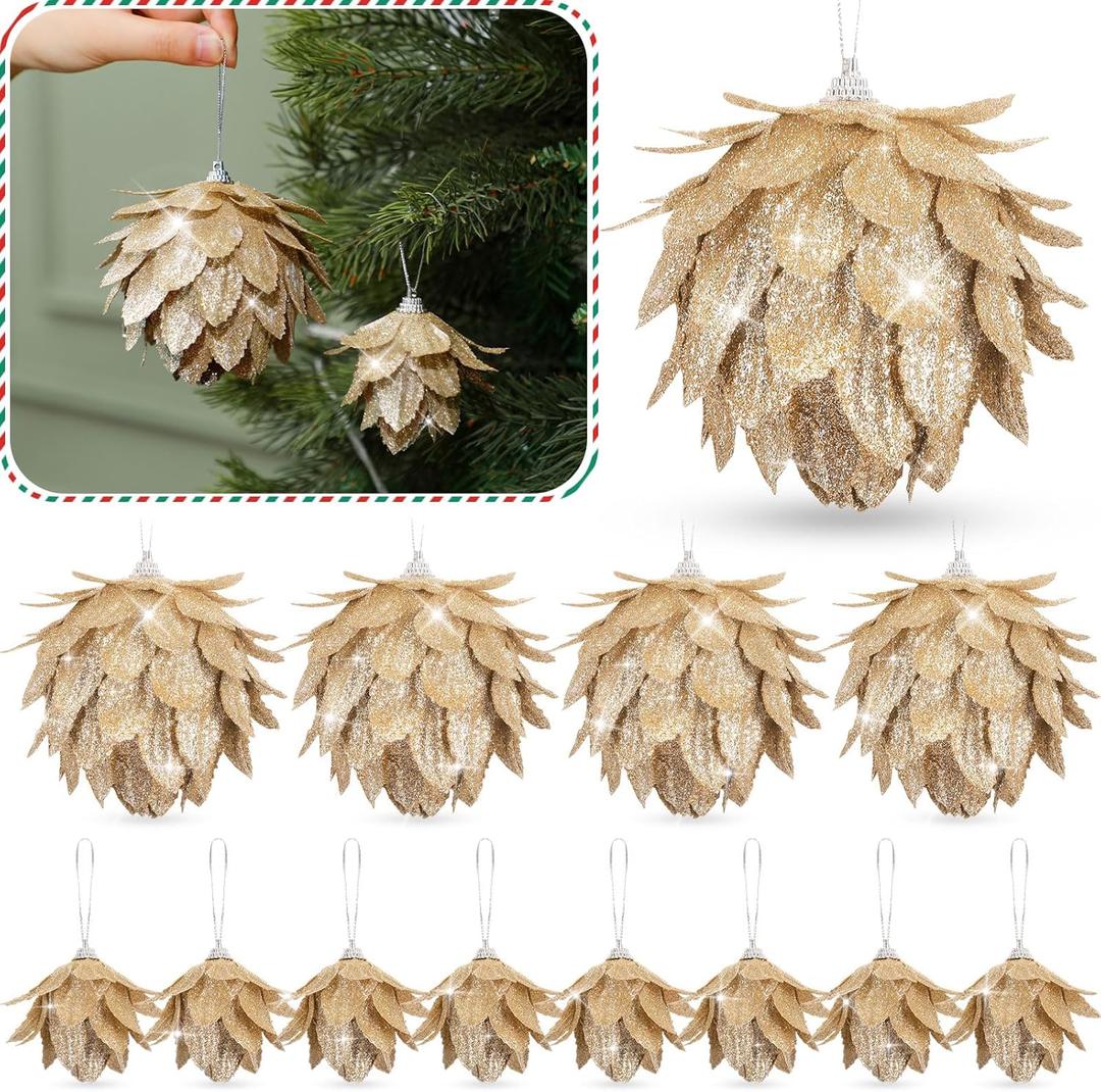 Syhood 12 Pcs Christmas Ball Ornaments Glitter Pinecone Balls Xmas Tree Decoration Hanging Pinecone Ornaments Rustic Pine Cones for Xmas Winter Party Holiday Wedding Home Decorations(Champagne Gold)