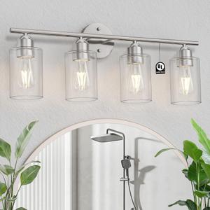 Bathroom Vanity Light Fixtures Brushed Nickel,4 Lights Rustic Farmhouse Vanity Bar Lighting Over Mirror Modern Industrial Wall Sconces Lamp with Cylinder Glass Shade