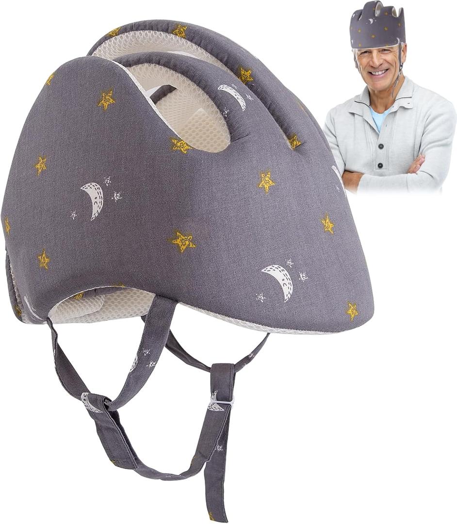 Thick Head Protection for Elderly Falls, Protective Helmet for Elderly Adult, Seniors Head Protector Seizure Soft Helmet Prevent Head Injuries (Moon and Star, Grey)