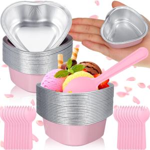 Nuogo 30 Sets Mini Heart Cake Pan with Lids and Scoops 1.86 Oz/ 55 ml Mini Heart Shaped Foil Aluminum Disposable Baking Cupcake for Party Wedding (Pink)