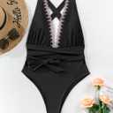 Lilosy Sexy Tie Criss Cross Plunge One Piece Thong Swimsuit High Cut Brazilian Bathing Suit (Black, M)