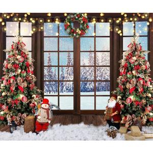 DASHAN 10x8ft Christmas Tree Window Backdrop Winter Snow View Photo Background for Christmas Santa Claus Snowman Backdrop Banner Photography Studio Props Christmas Tapestry