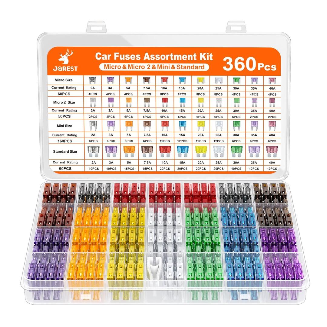 JOREST 360Pcs Car Fuse Assortment Kit, 160 Mini Blade Fuses Automotive + 90 Standard Auto Fuses + 50 Micro Fuse + 60 Micro2 for RV/Truck/Motorcycle(2A 3A 5A 7.5A 10A 15A 20A 25A 30A 35A 40A)