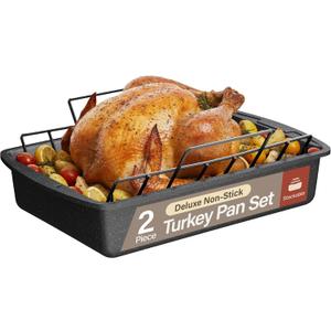 BAKKEN Nonstick Turkey Roasting Pan with Rack  Large Heavy-Duty Carbon Steel Roaster with Wide Handles, Ideal for Roasting, Baking & Grilling, Oven Safe up to 450F, Gray Marble Finish 17 x 13-Inch